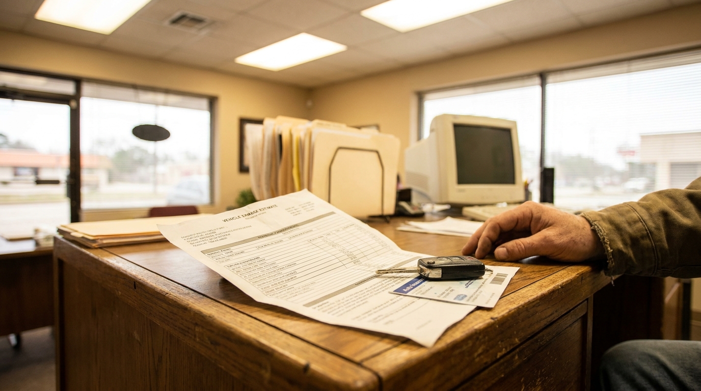 vehicle damage estimate form and car keys on dealership office desk