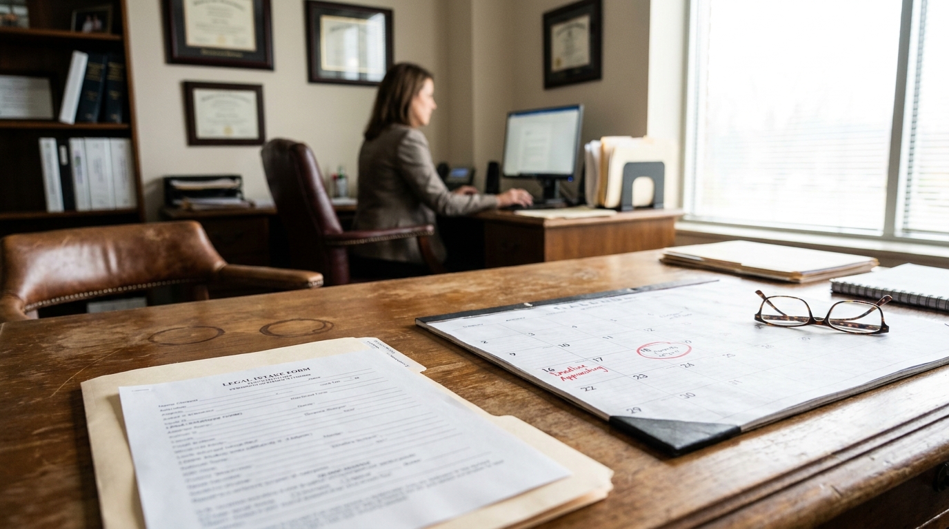 Charlotte Truck Accident Lawyer Filing Deadline Calendar legal intake form and desk calendar with attorney working at computer in background