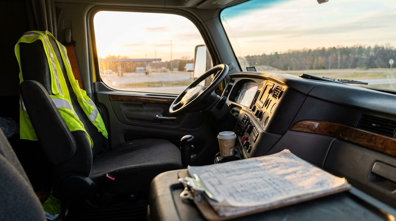 Truck cab interior with safety vest on seat and paperwork clipboard