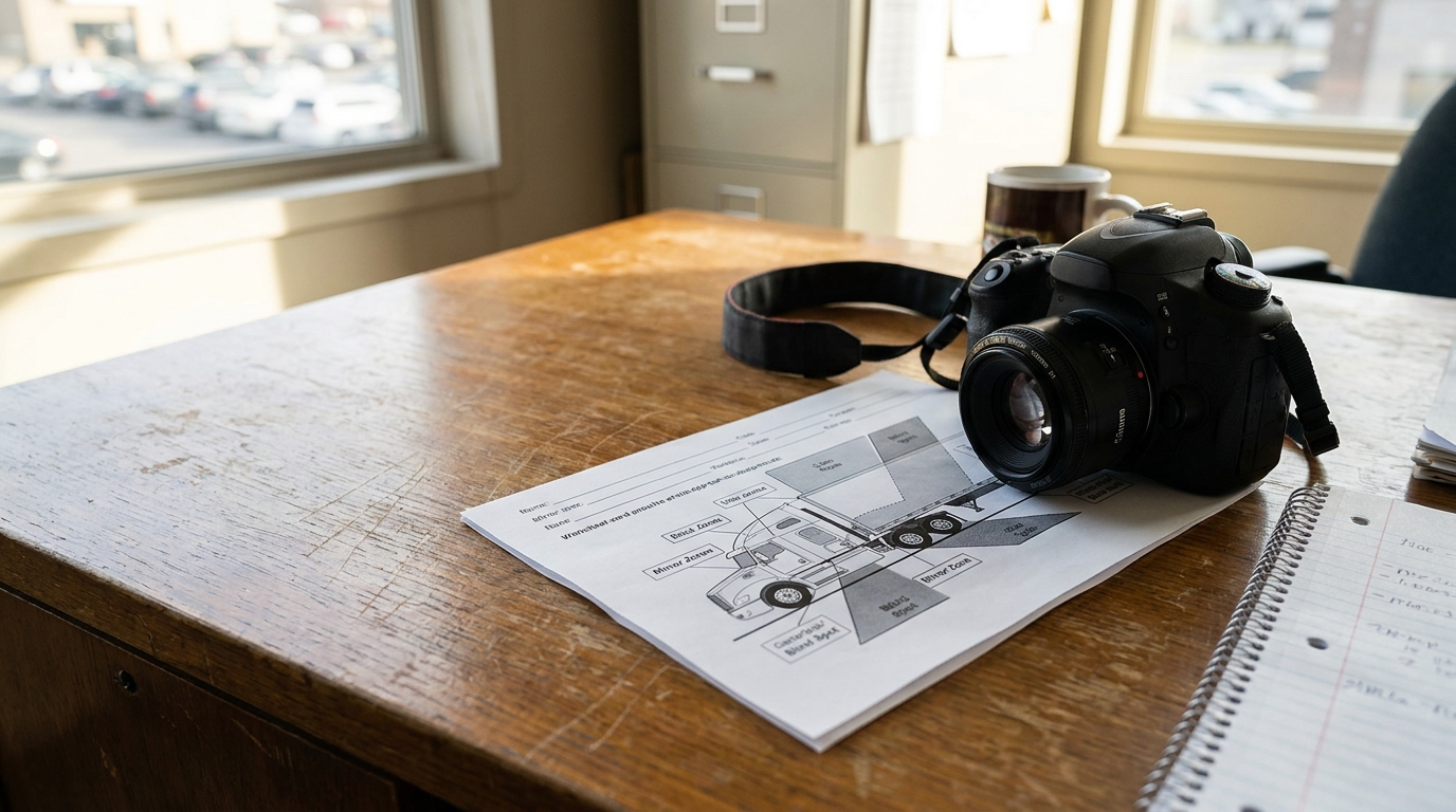 DSLR camera resting on truck blind spot diagram document on wooden desk