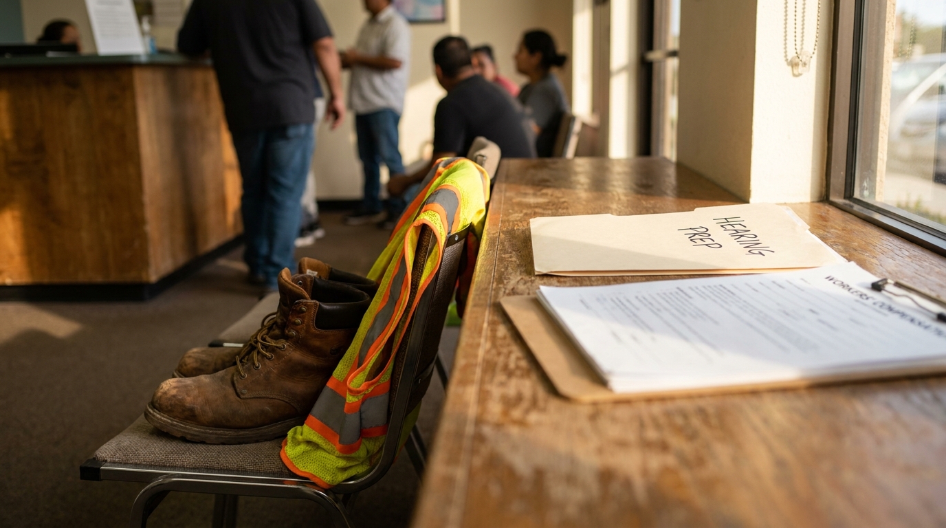 San Bernardino Workers Comp Hearing Preparation Work boots and safety vest beside “HEARING” folder on office table
