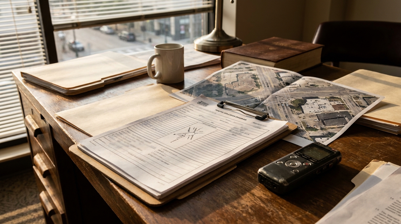 Houston T-Bone Accident Fault Evidence Collision Report traffic collision diagram report and aerial map on wooden desk with recorder