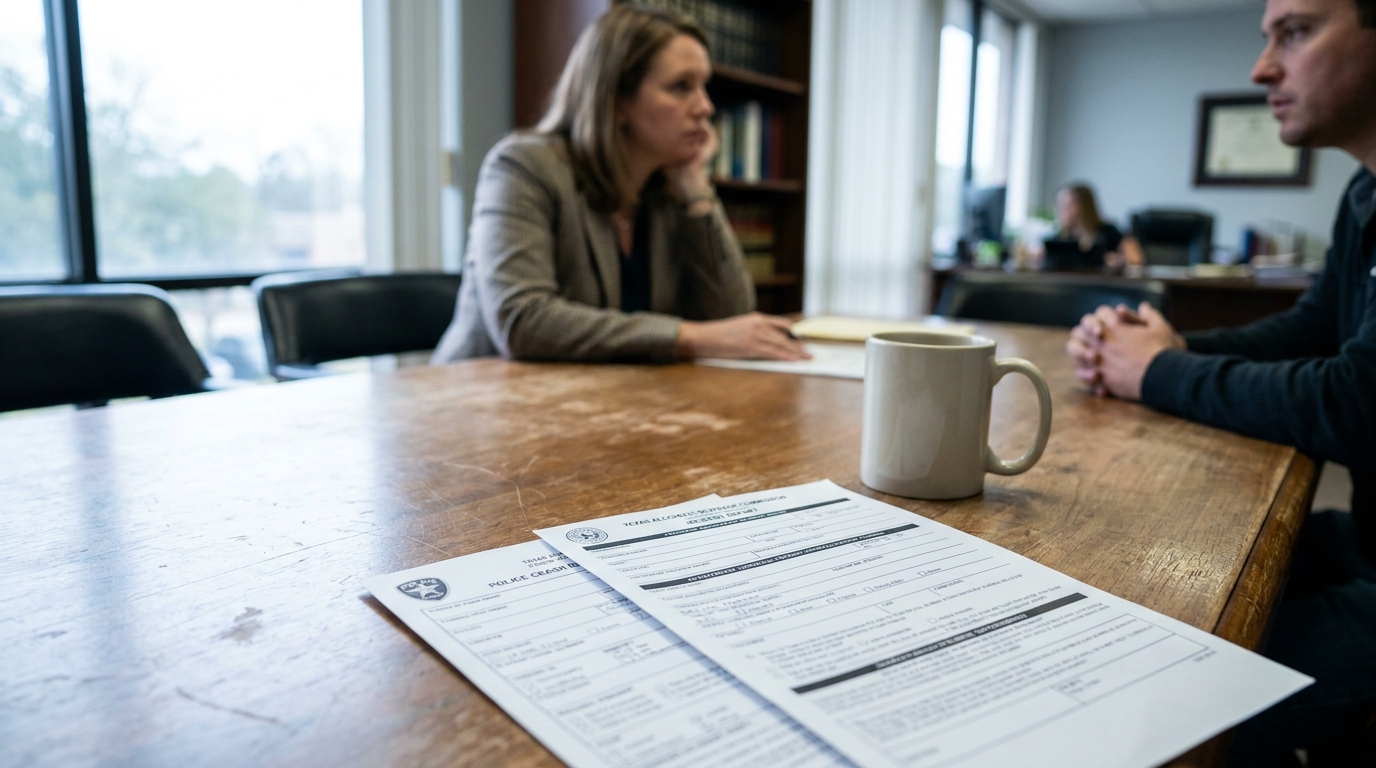 attorney and client meeting over police crash report and Texas Alcoholic Beverage Commission form
