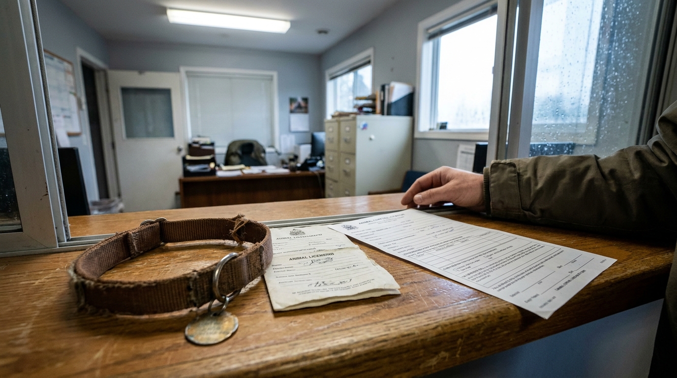 Langley Dog Bite Negligence Per Se Animal Licensing Report dog collar and animal licensing documents on animal control office counter