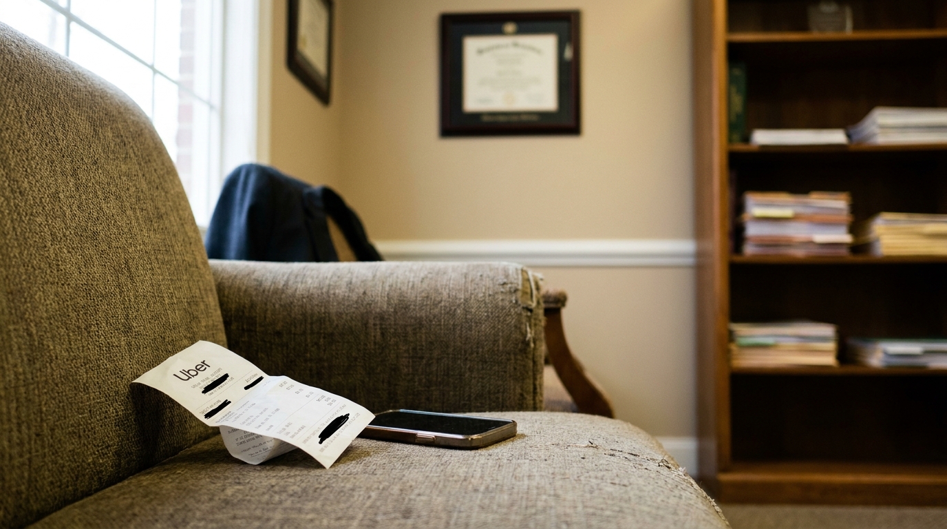 Uber printed receipt and smartphone resting on office couch near bookshelf