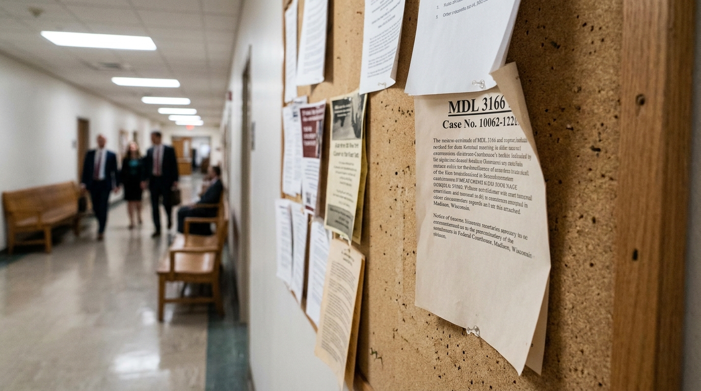 MDL 3166 Roblox Lawsuit Notice Madison Wisconsin Courthouse courthouse bulletin board displaying MDL 3166 case notice in hallway