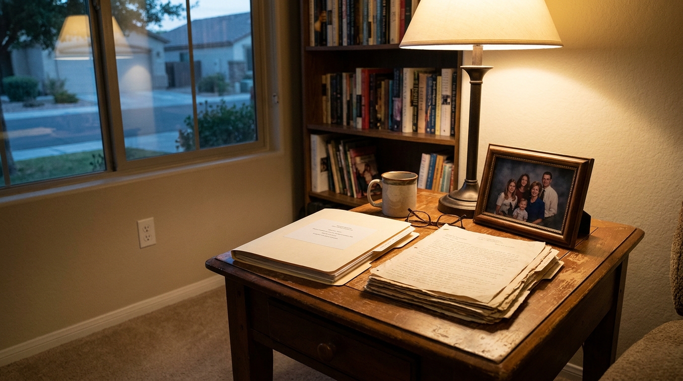 Estate Documents and Family Photo Gilbert Arizona Home wooden desk with stacked legal documents, lamp, glasses, and framed family photo