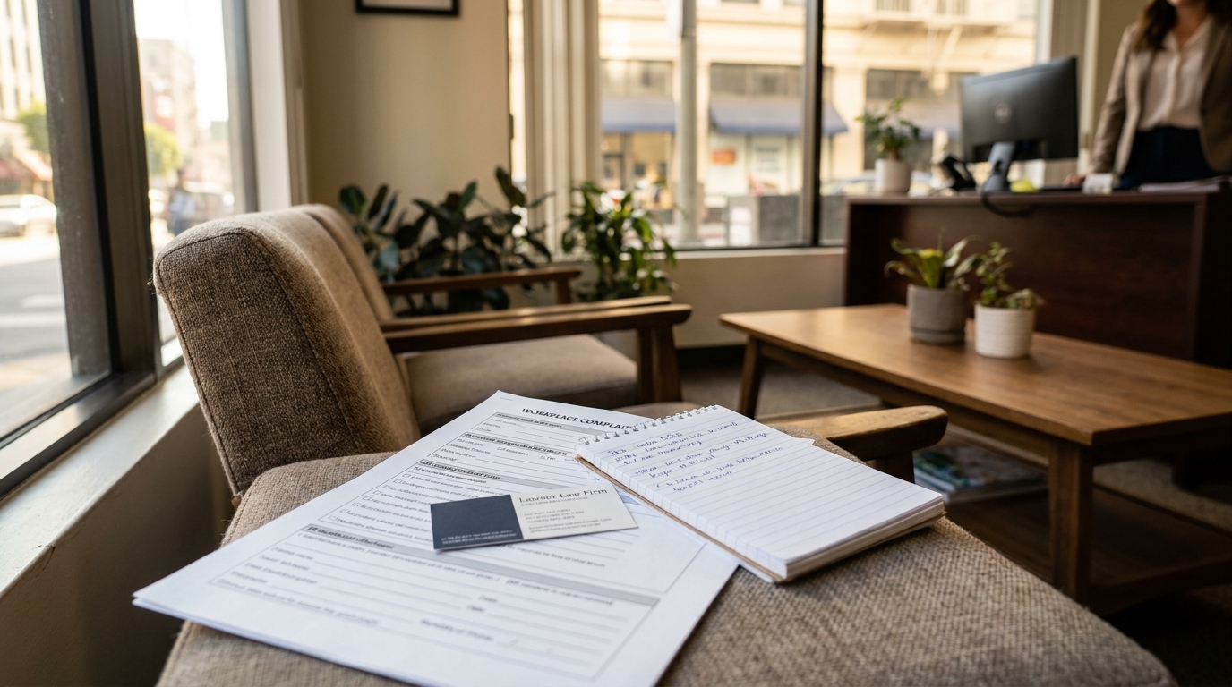 Los Angeles Workplace Sexual Harassment Complaint Form Attorney Office Workplace complaint form and notepad on chair in law firm waiting area