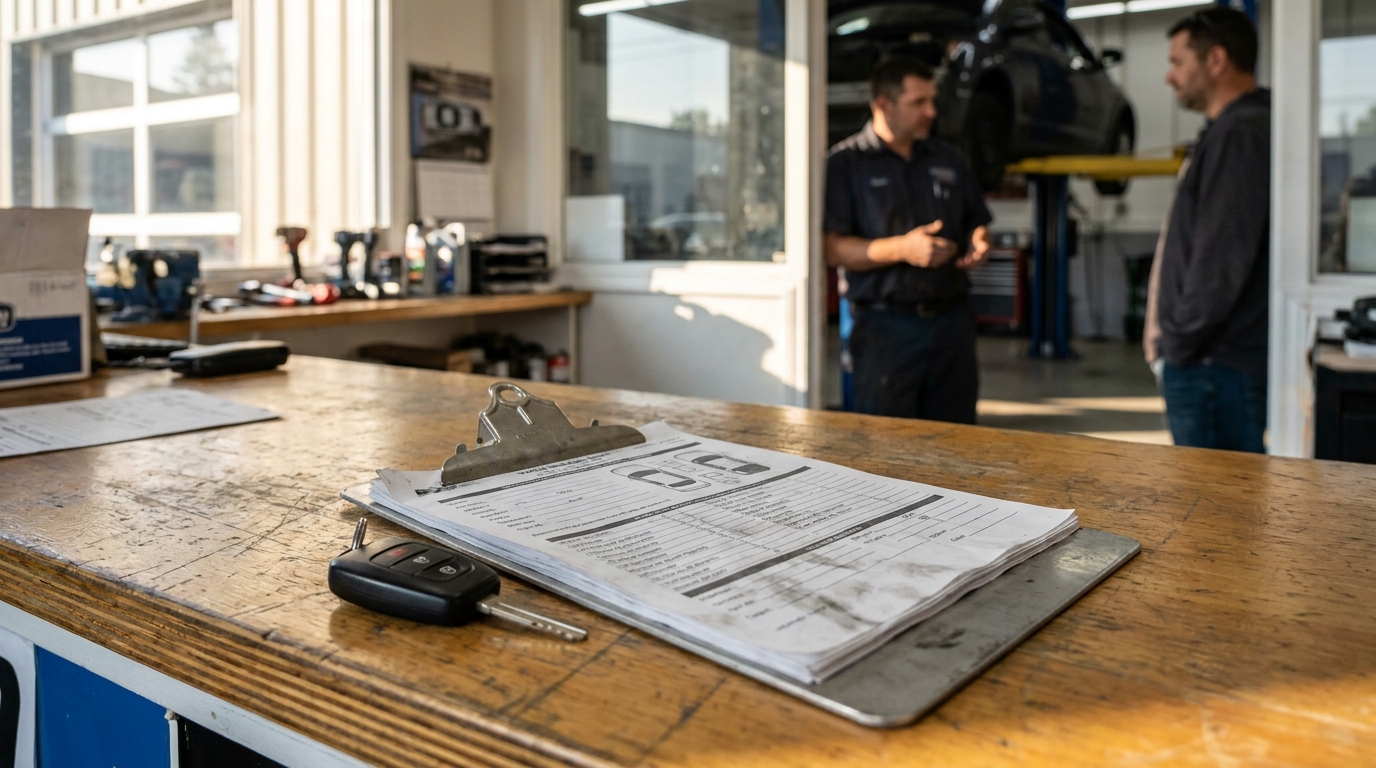 Aurora IL Auto Shop Diminished Value Claim Assessment auto repair shop counter with clipboard, service form, and car key
