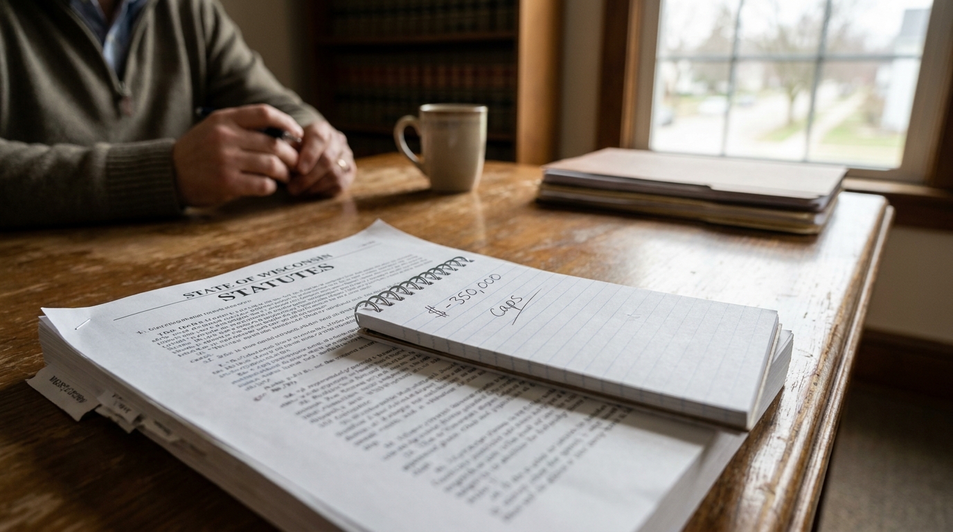 Madison Attorney Reviewing Wisconsin Wrongful Death Damages Cap State of Wisconsin Statutes document with notepad showing $350,000 caps notation on desk