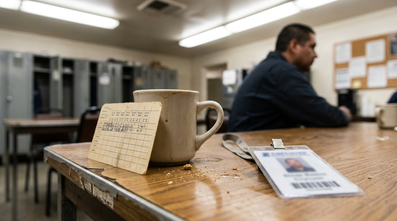 employee ID badge and timecard on worn breakroom table with worker seated nearby