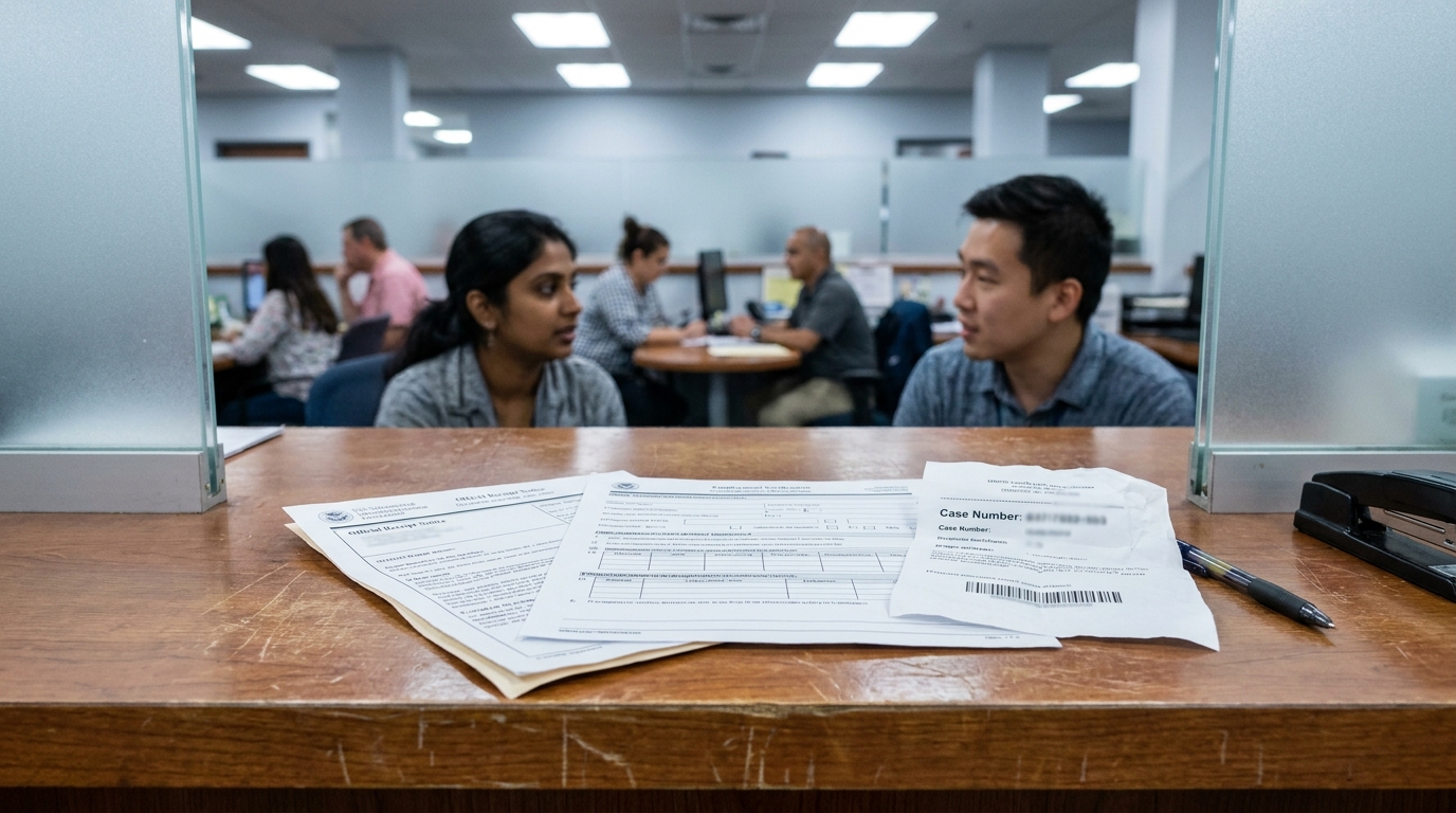 USCIS official receipt notice and case number documents on government office counter