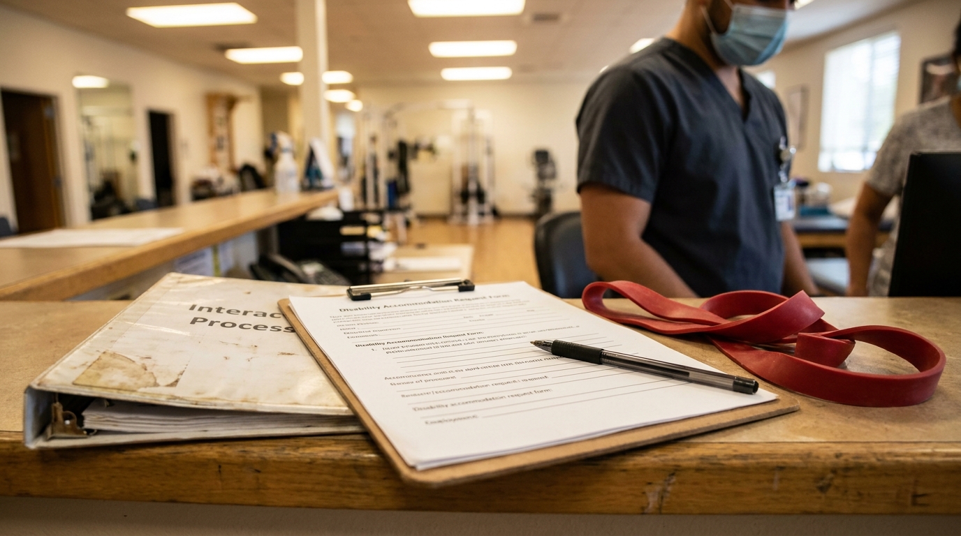 Interactive Process Disability Accommodation Form Redondo Beach Disability Accommodation Request Form on clipboard beside Interactive Process binder at medical facility