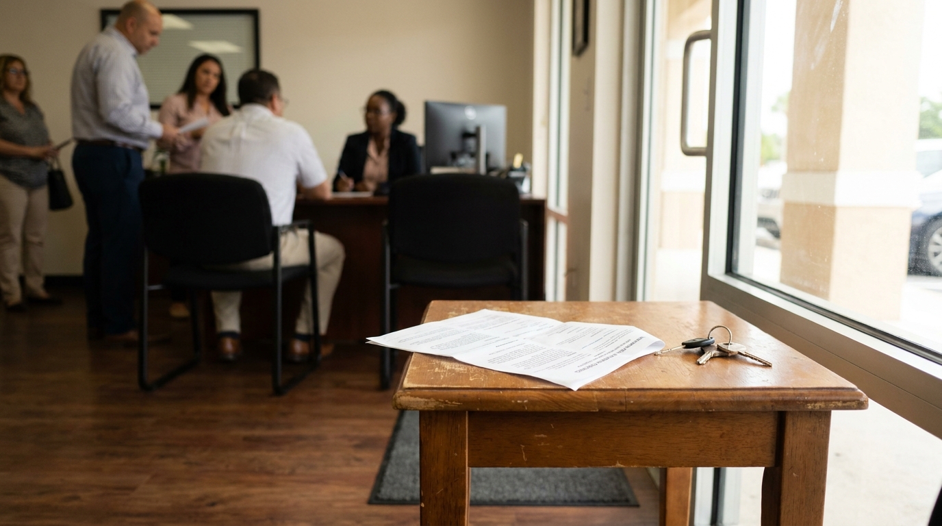 legal document and car keys on wooden table with clients meeting staff in background