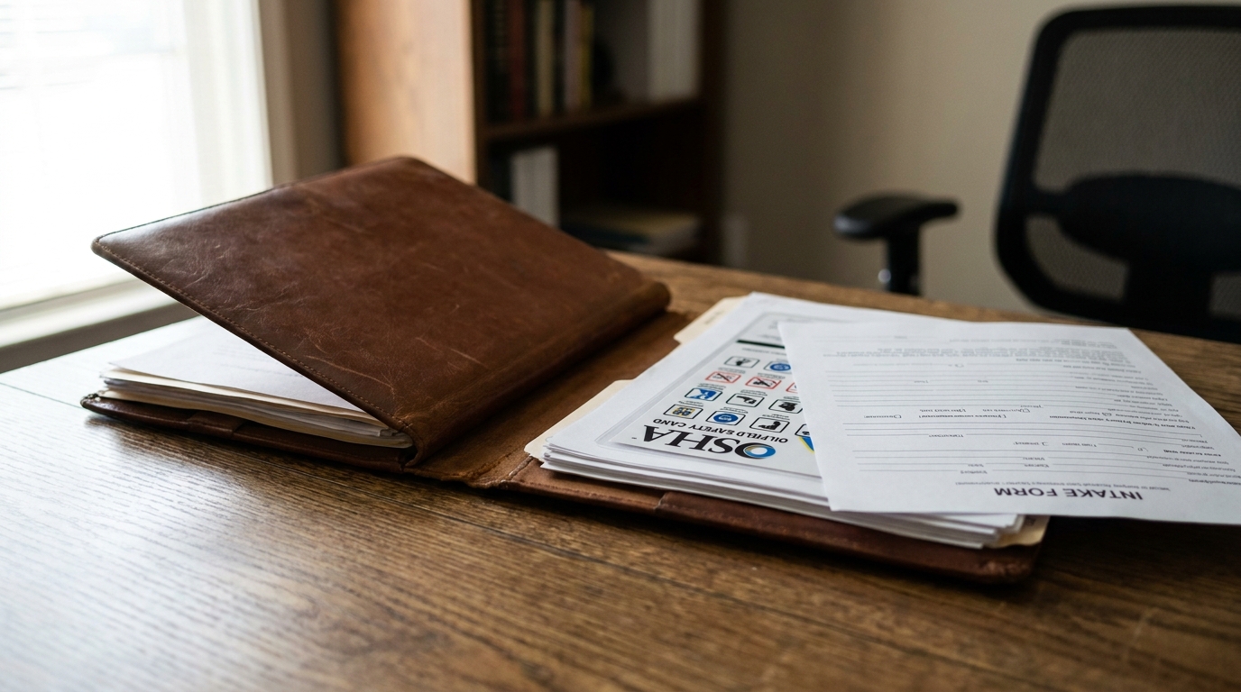 leather portfolio with intake form and OSHA oilfield safety card on wooden desk