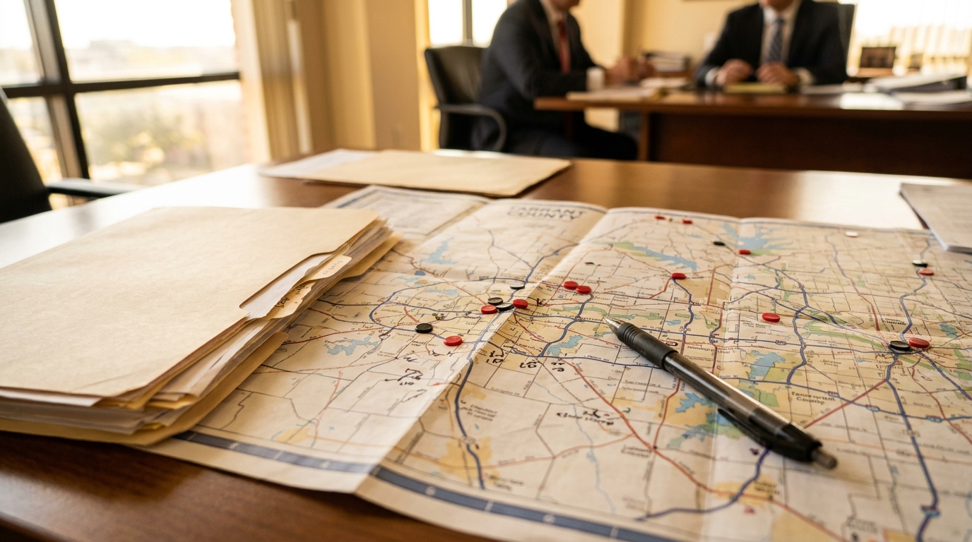 Tarrant County map with marker pins, pen, and legal case files on desk