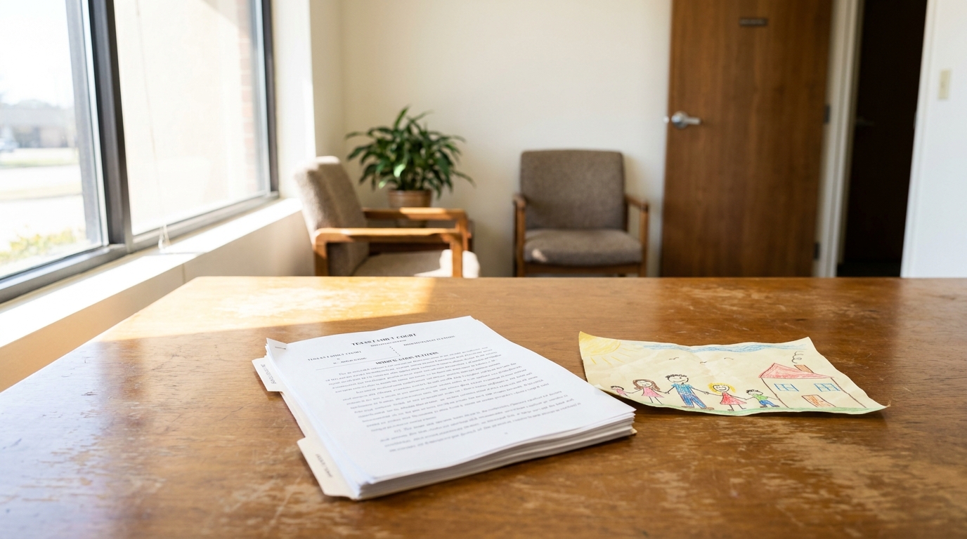 Texas Family Court Custody Modification Documents and Child Drawing Texas Family Court document and child's family drawing on wooden desk