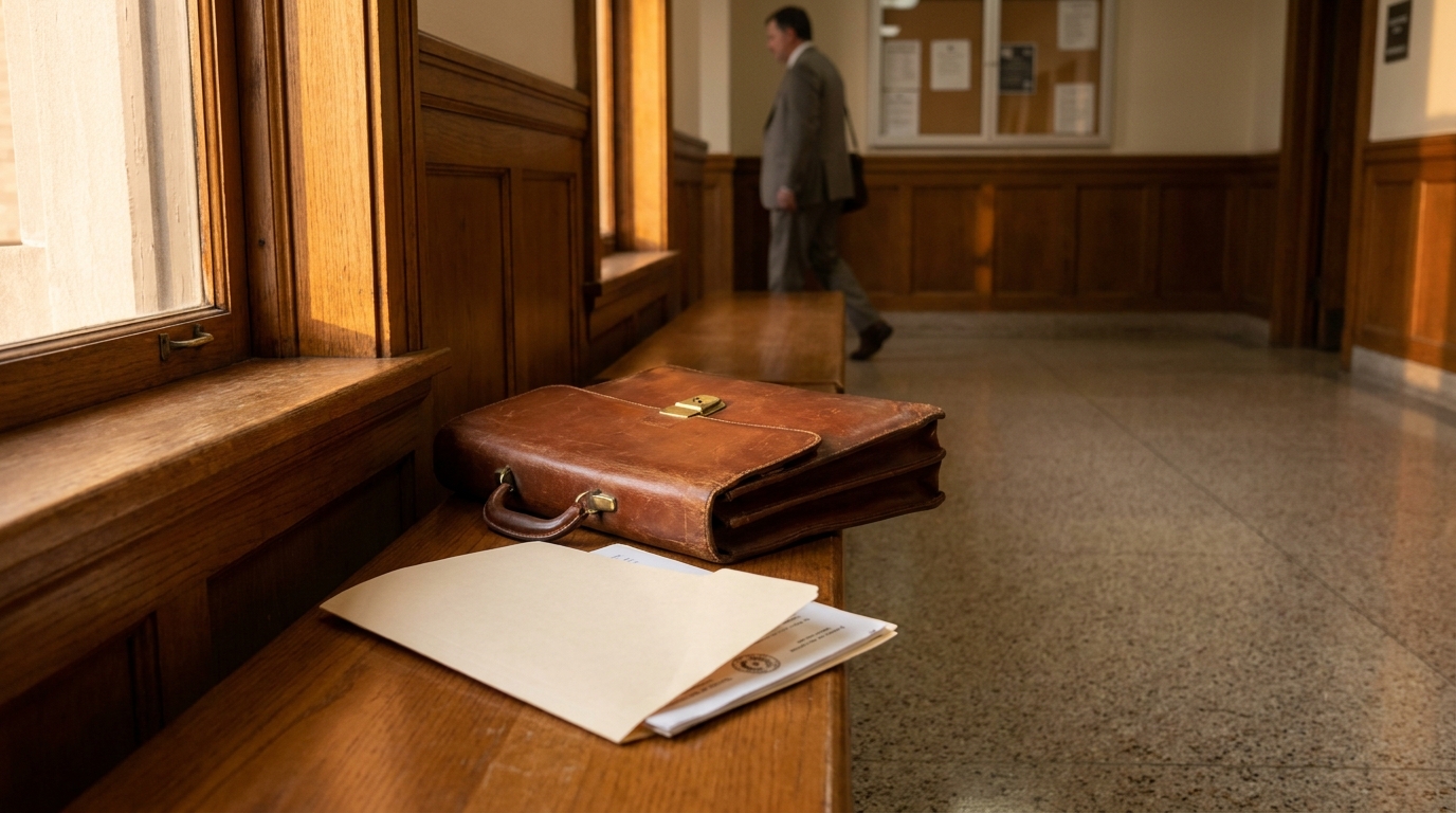 leather briefcase and legal documents on bench in courthouse hallway with attorney walking