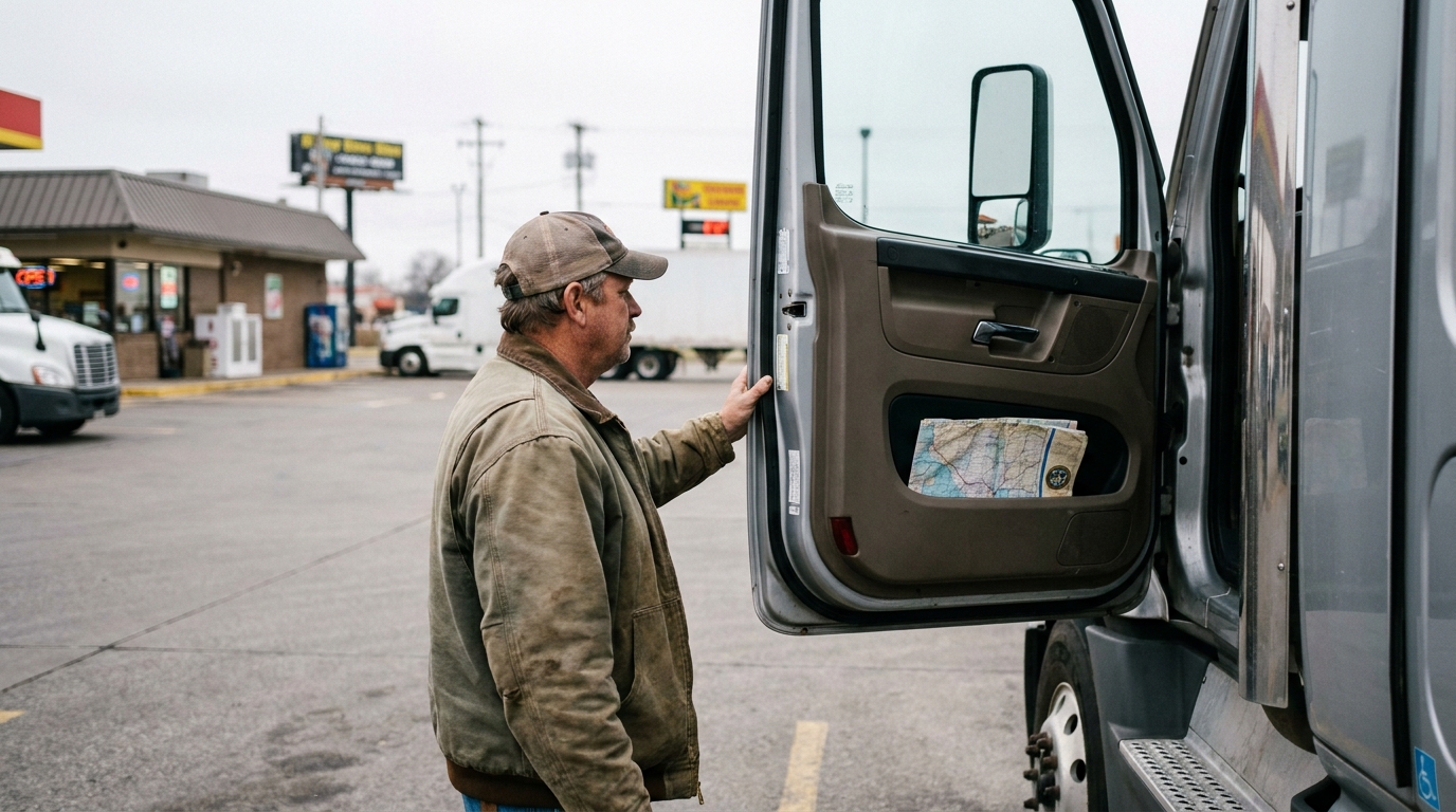 Truck Driver Entering Commercial Truck Fayetteville Georgia truck driver opening cab door with road map visible in door pocket