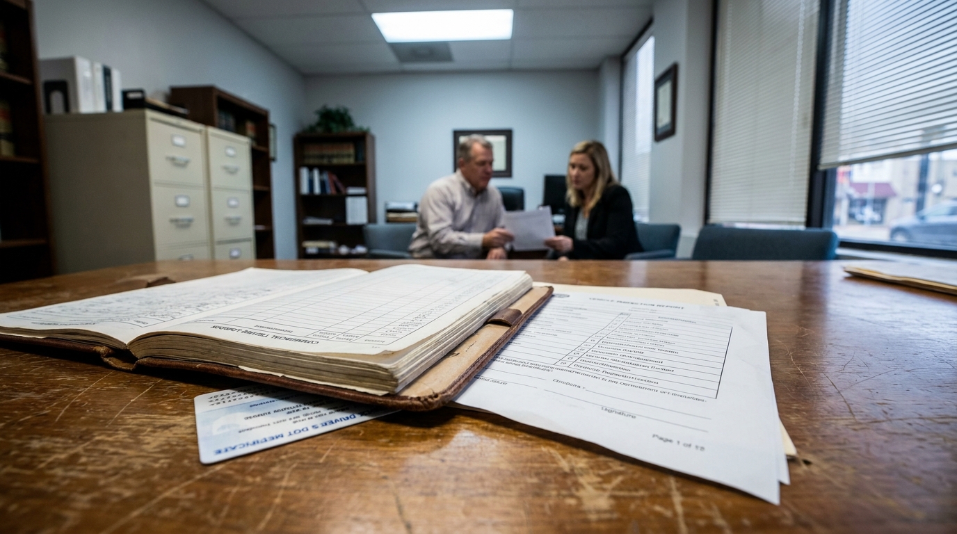 Fort Worth Commercial Truck Accident Attorney Client Consultation commercial trucking logbook and driver DOT certificate on law office conference table