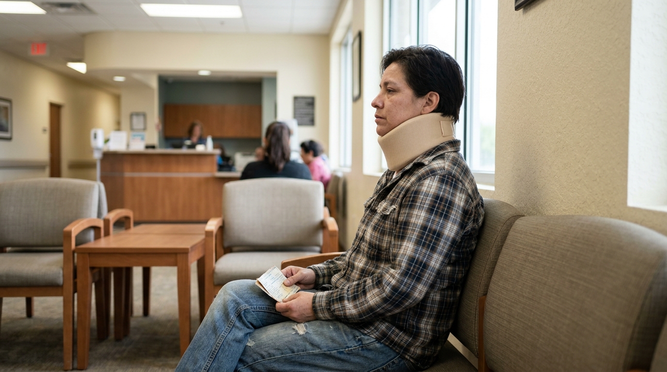 San Antonio Car Accident Victim Wearing Neck Brace in Waiting Room injured person wearing cervical neck brace seated in medical waiting room