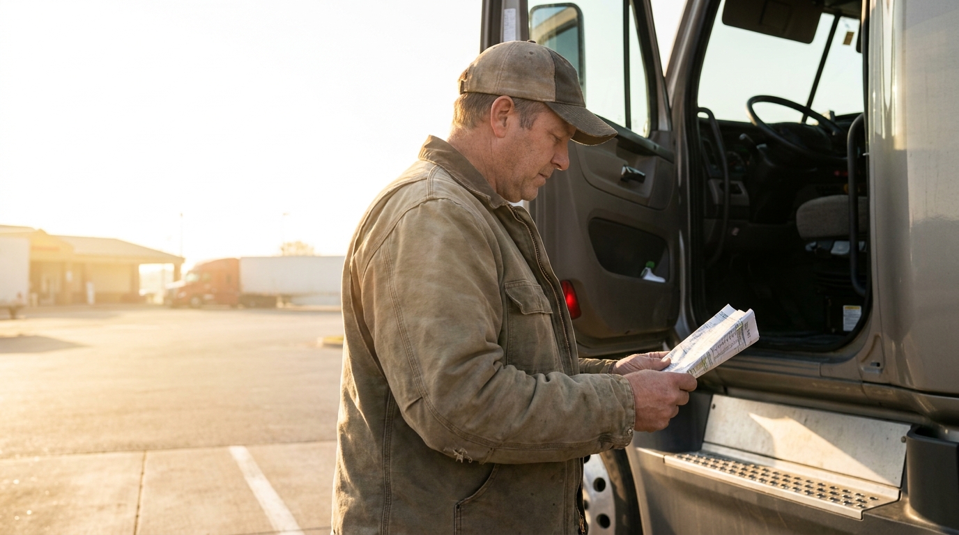 Boston Truck Driver Reviewing Route Map Outside Semi Cab truck driver standing beside open cab door reviewing paper documents