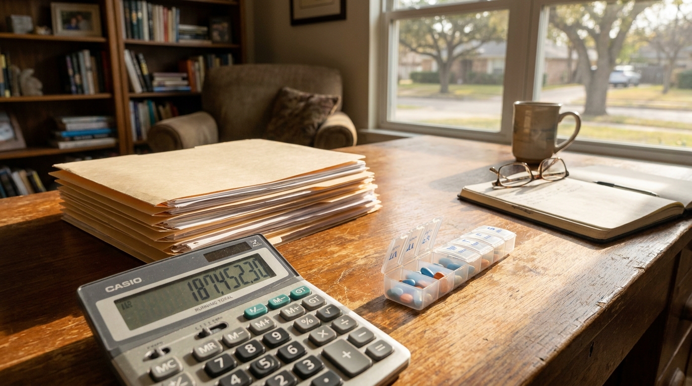TBI Long-Term Medical Costs Calculator and Files Fort Worth Casio calculator, stacked legal folders, pill organizer, and notepad on wooden desk