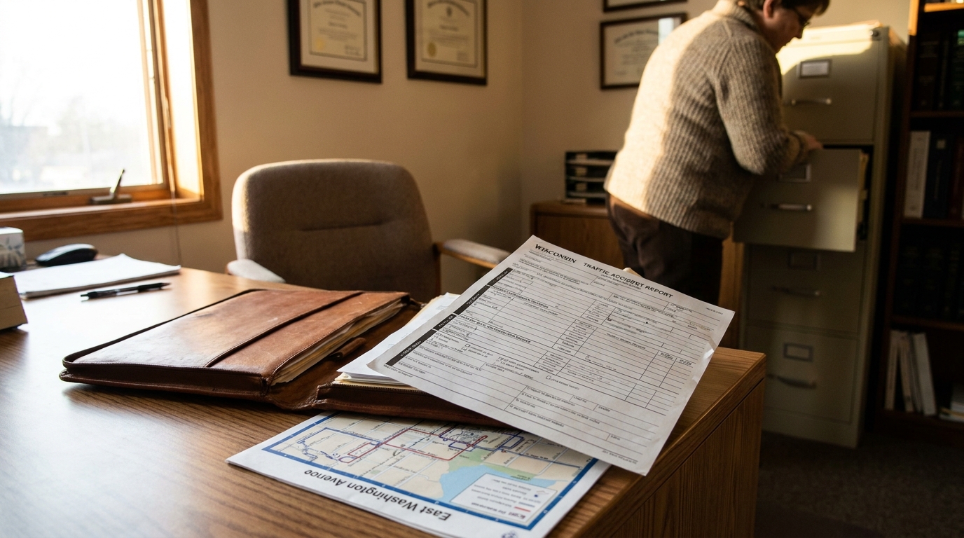 Madison Attorney Reviewing East Washington Avenue Pedestrian Accident Report Wisconsin Traffic Accident Report and East Washington Avenue map on law office desk