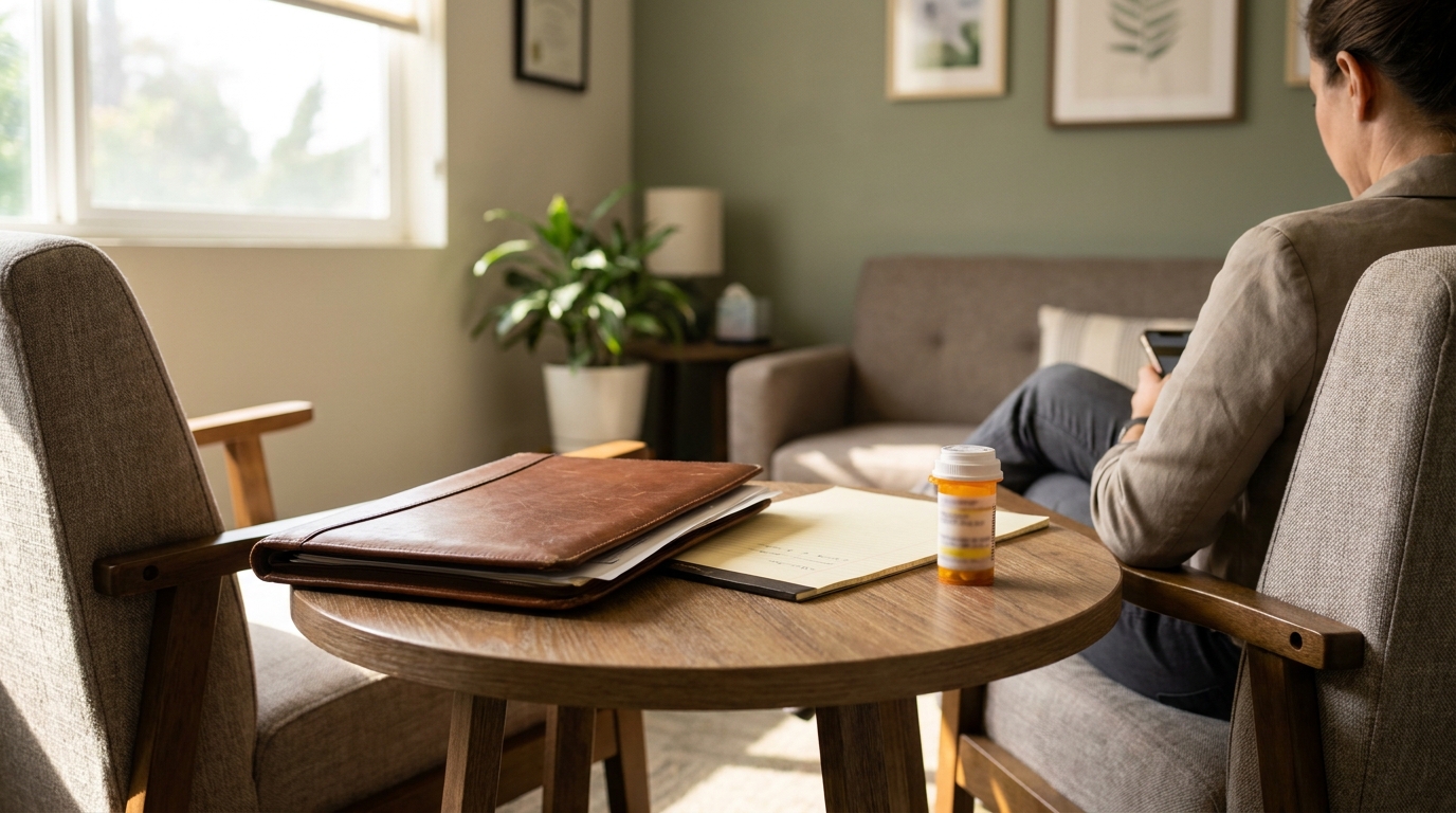 Mental Health Disability Consultation Redondo Beach FEHA Claim leather portfolio, notepad, and prescription bottle on round table during consultation
