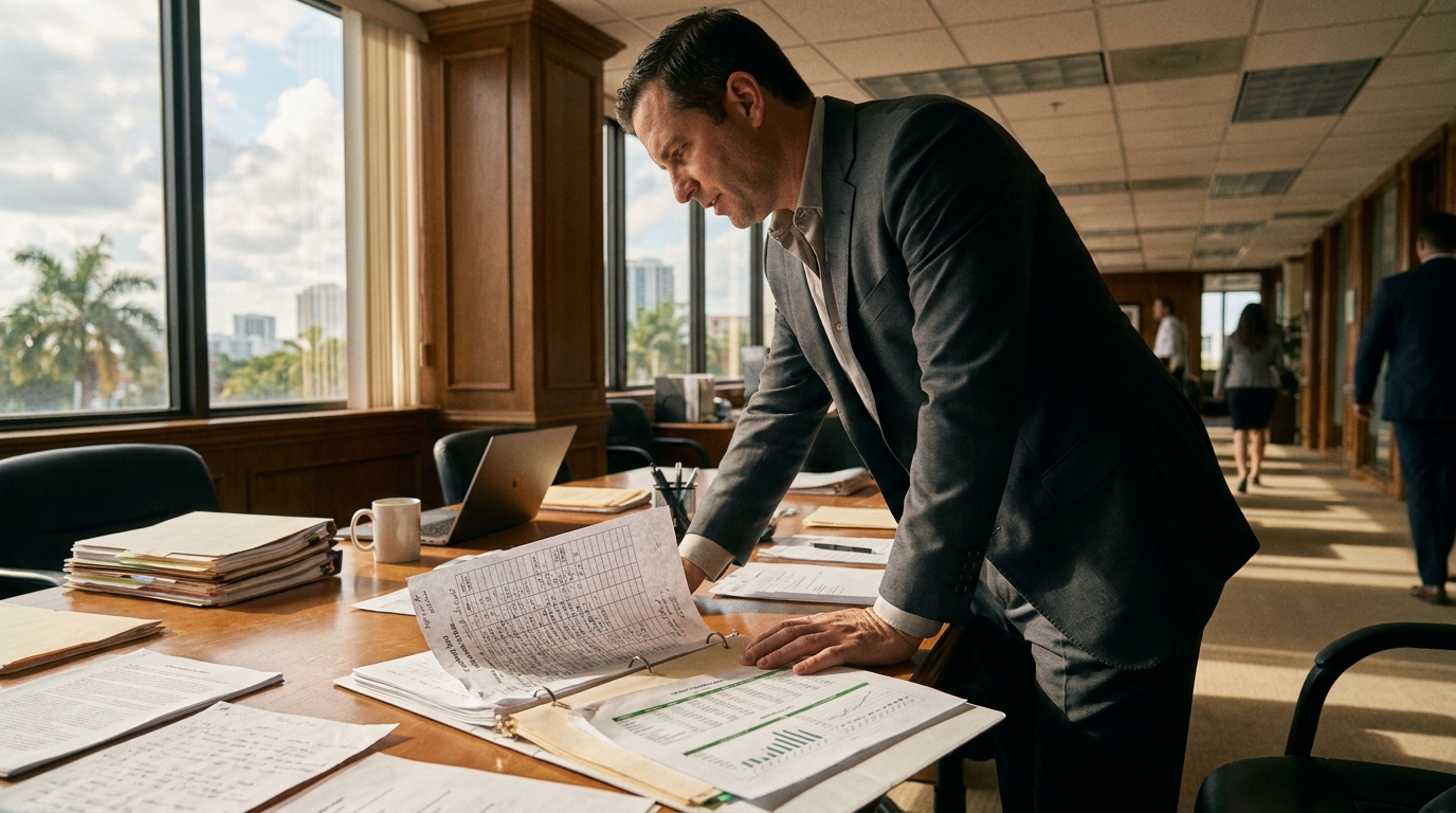 Fort Lauderdale Truck Accident Lawyer Reviewing Case Evidence suited attorney leaning over conference table reviewing open binder with legal documents