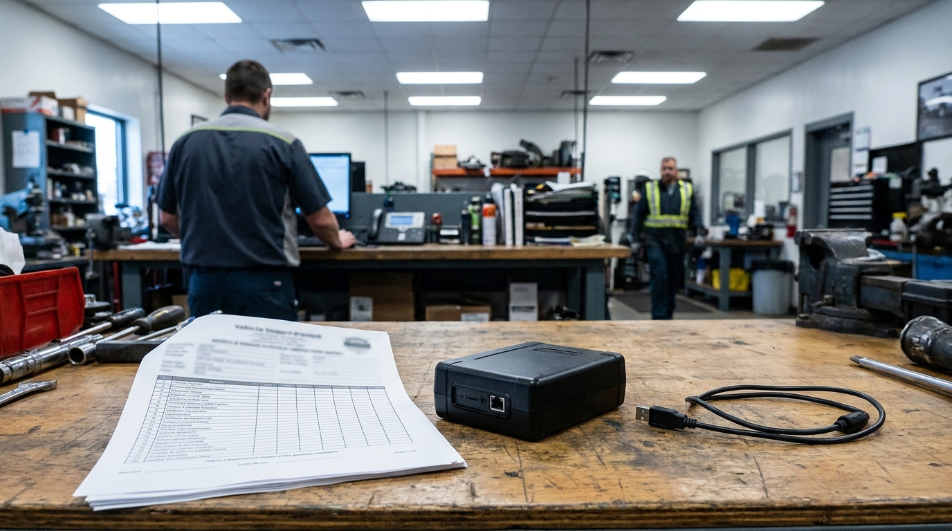 Black Box EDR Device and Report Centennial Truck Accident Case Vehicle inspection report and diagnostic device on workbench in automotive shop