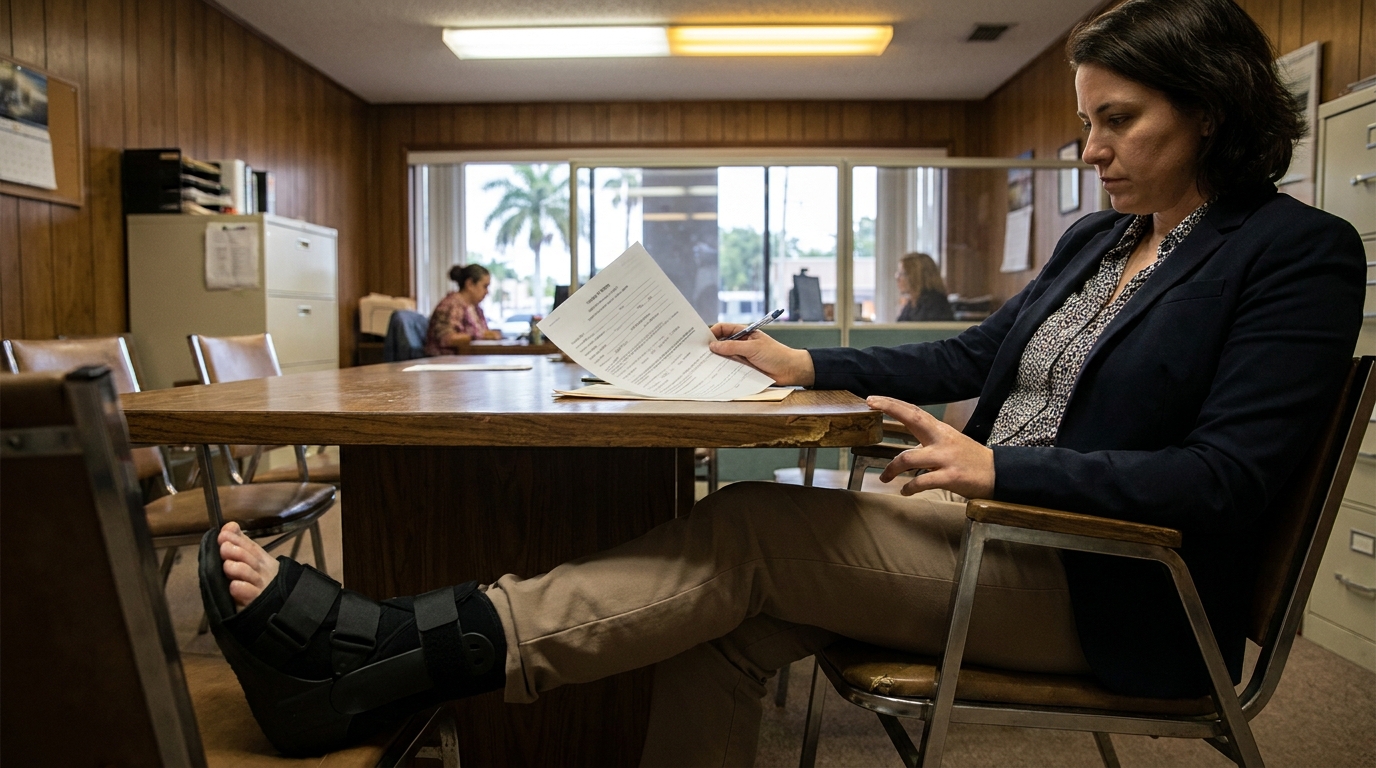 Ft Lauderdale Restaurant Slip and Fall Injury Claim Consultation injured woman wearing foot brace reviewing legal documents at office desk