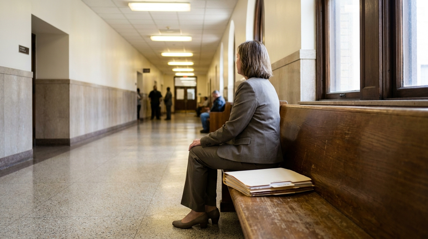 woman in suit seated on courthouse bench with legal folders beside her