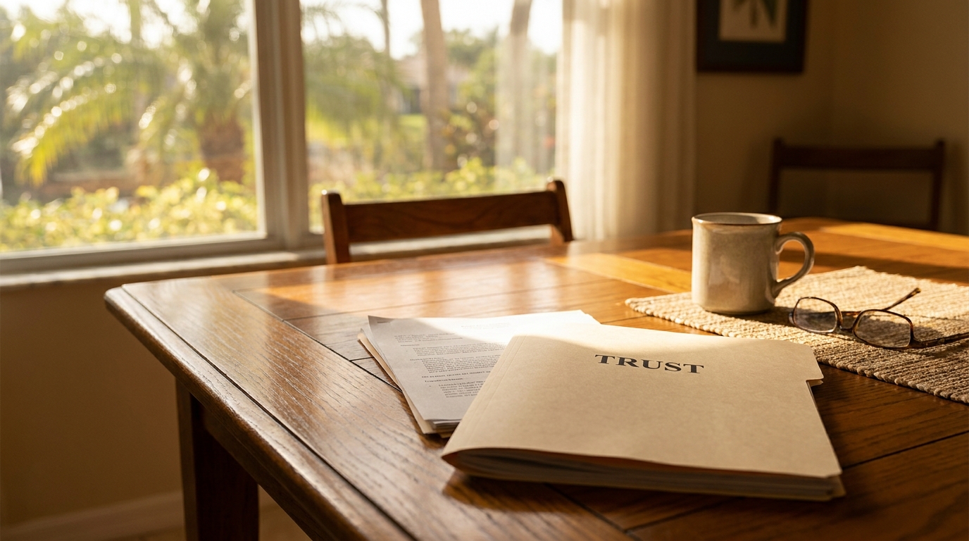 Trust document and reading glasses resting on wooden dining table near window