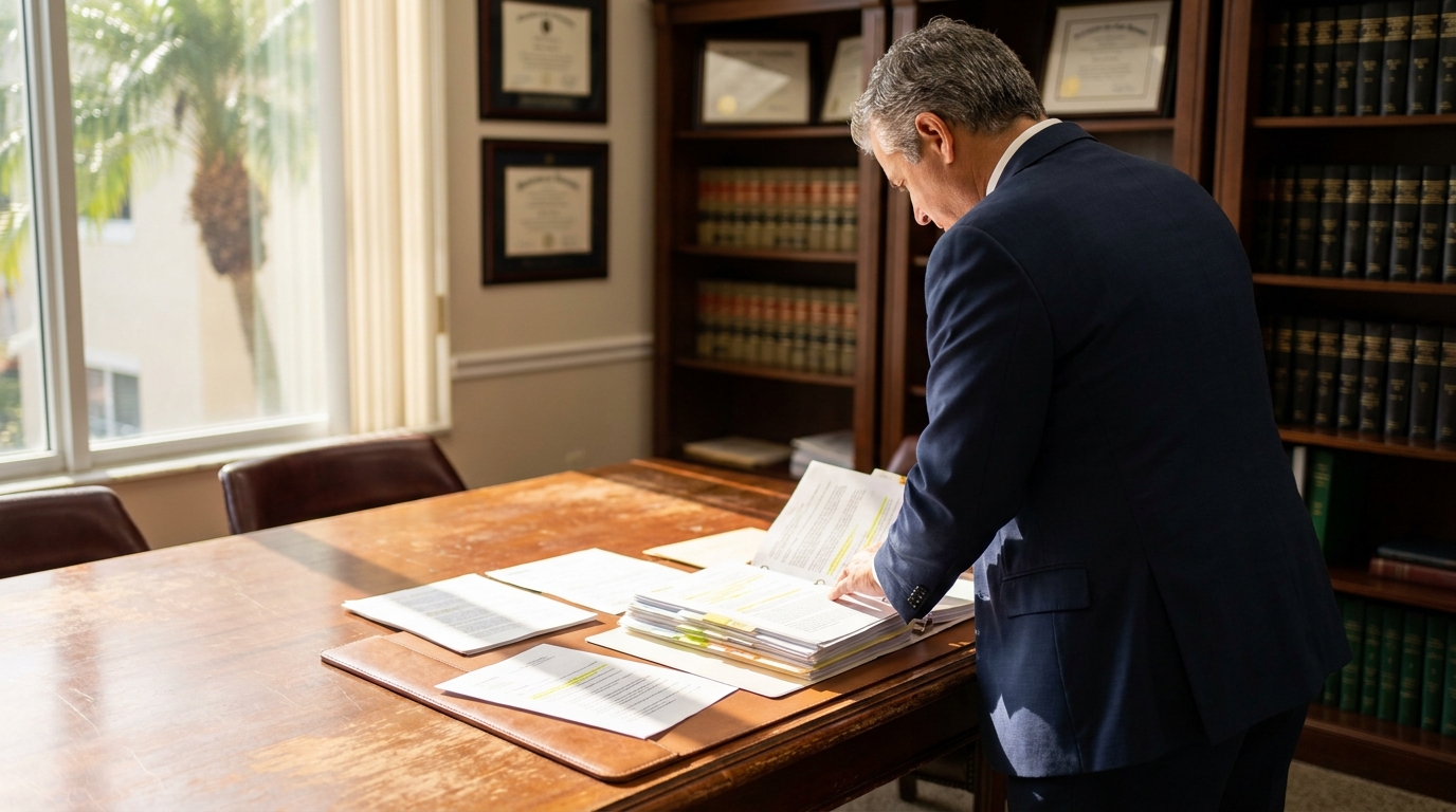 Palm Beach Probate Lawyer Reviewing Caveat Filing Documents attorney in suit reviewing highlighted legal documents at wood desk in law office
