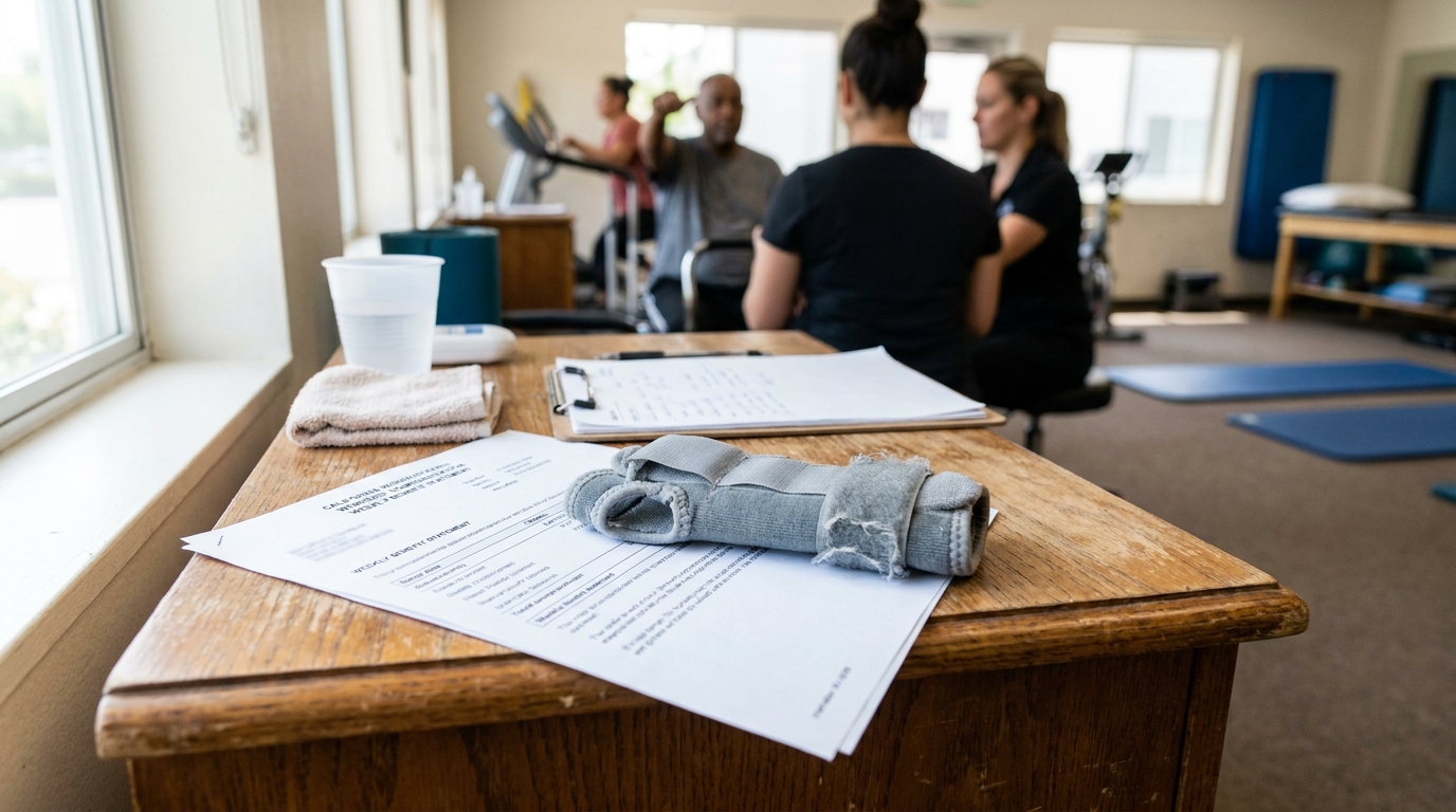 wrist brace and workers compensation benefit statement form on desk in physical therapy clinic
