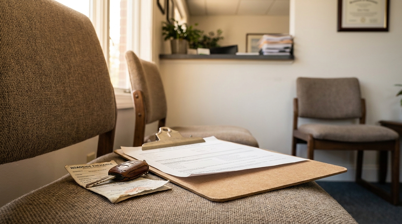 Roadside exchange document, car keys, and legal clipboard in law office waiting room