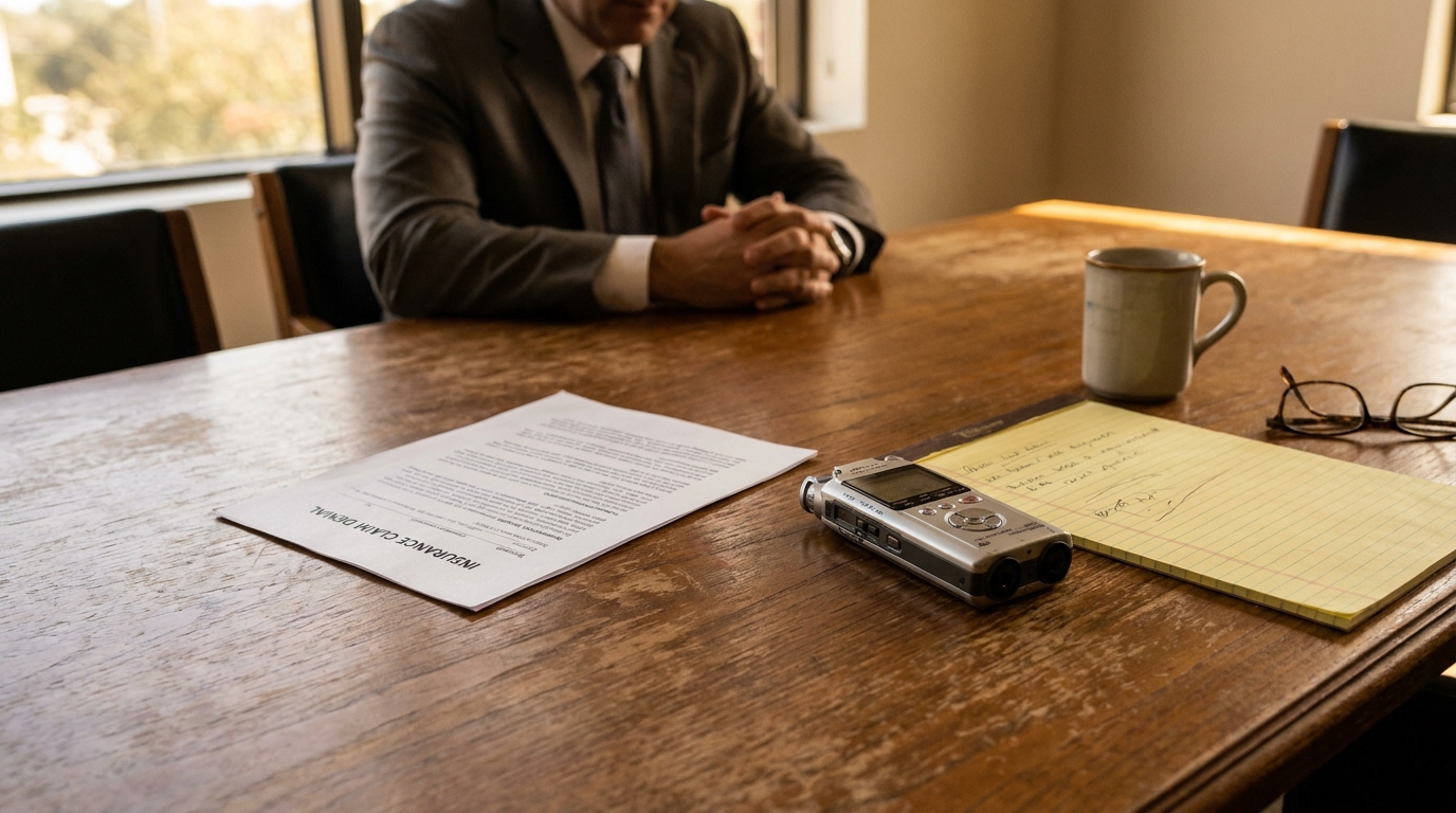 Houston Examination Under Oath Insurance Claim Denial Meeting Insurance claim denial document and voice recorder on table during attorney meeting