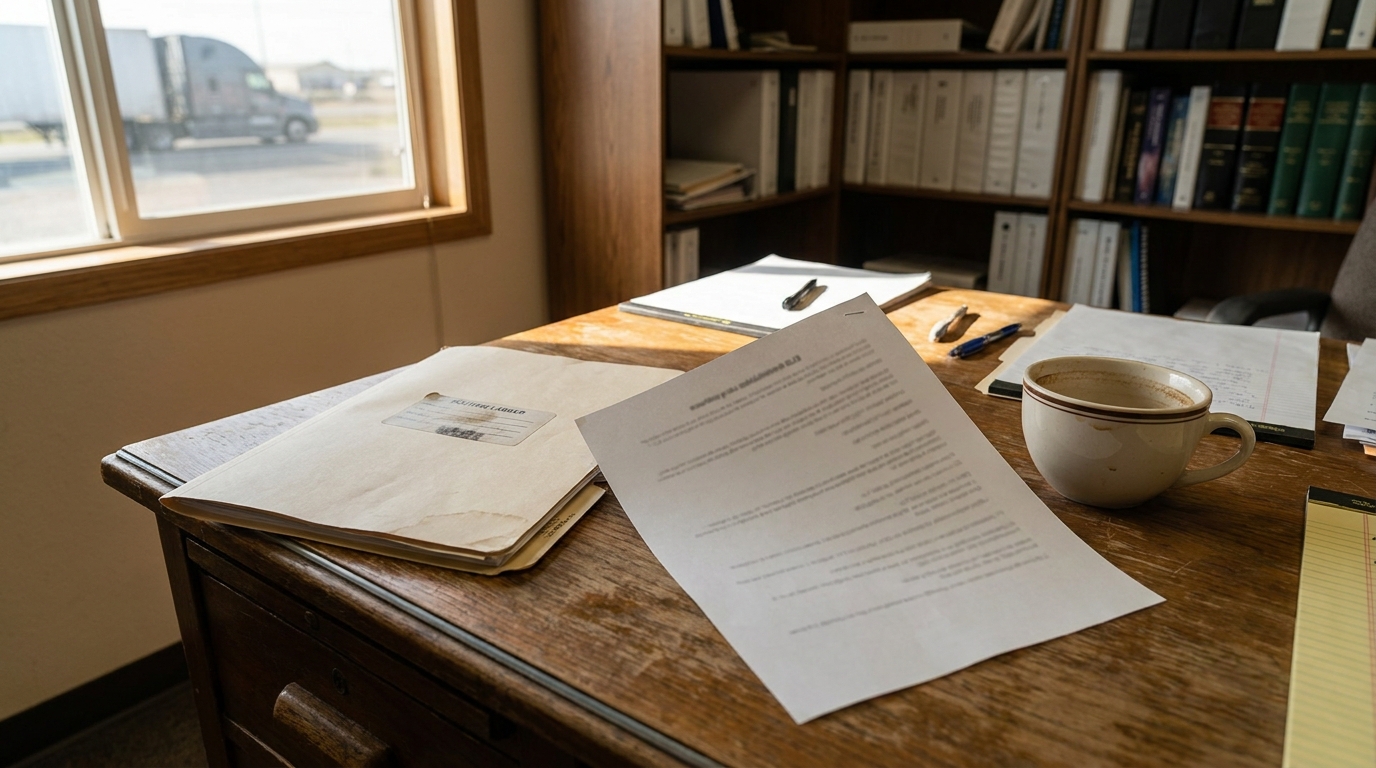 Kennewick Truck Accident Attorney Reviewing ELD Driver Log Records legal documents and manila folder on wooden desk with law books and coffee mug