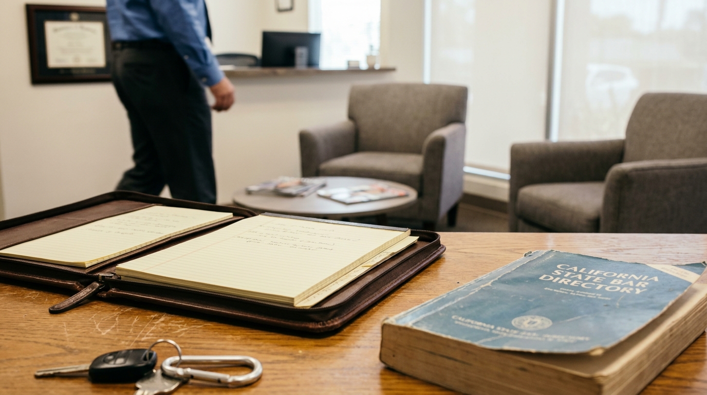 California State Bar Directory and open legal notepad on law office desk
