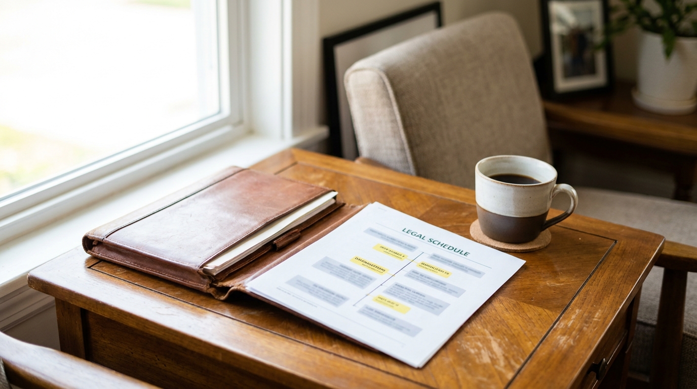 Fort Worth Wrongful Death Settlement Timeline Legal Schedule Legal Schedule document and leather portfolio on wooden desk beside coffee mug