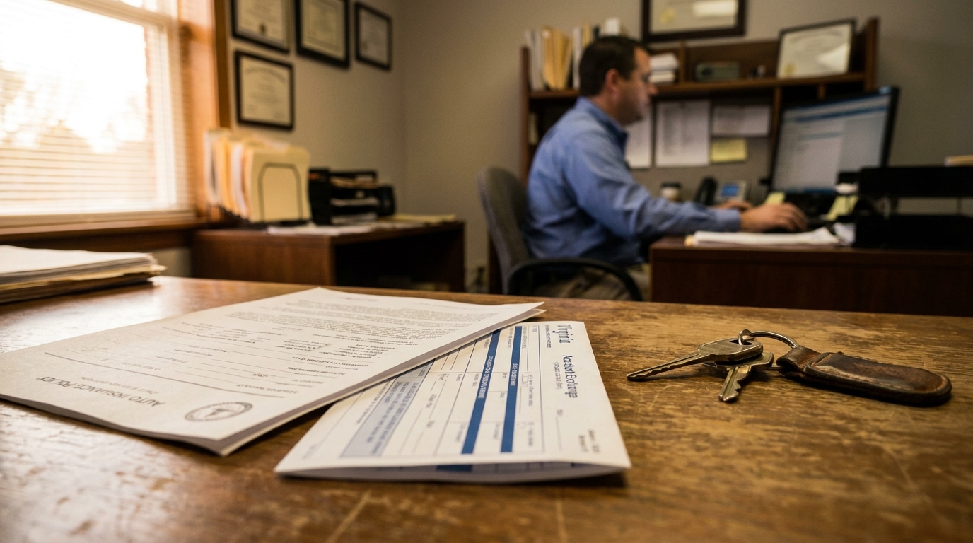 auto insurance policy documents and car keys on desk with attorney working