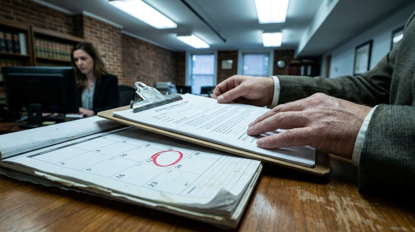 attorney hands reviewing zoning appeal form on clipboard over desk calendar with circled date