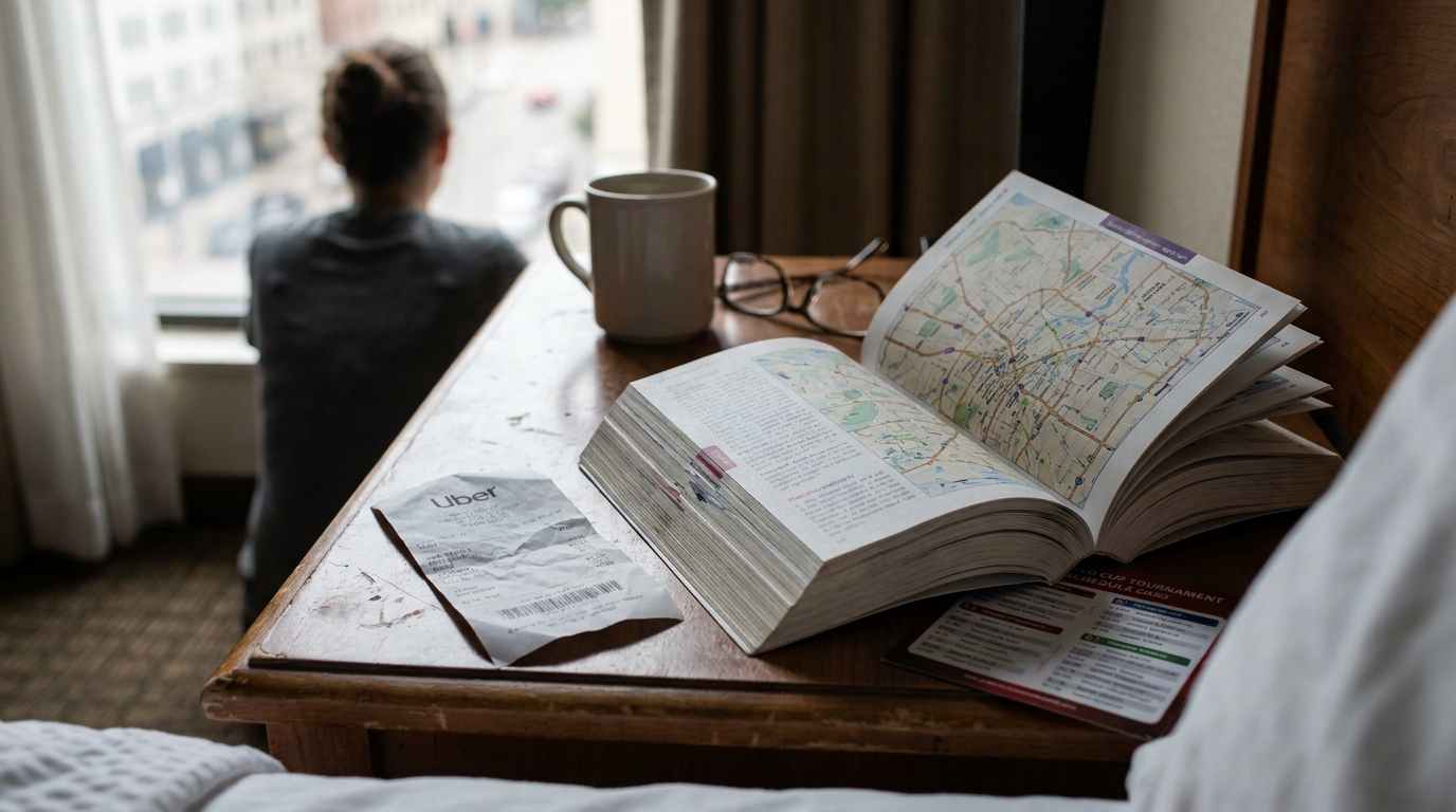 Uber receipt and open travel guidebook with city map on hotel nightstand
