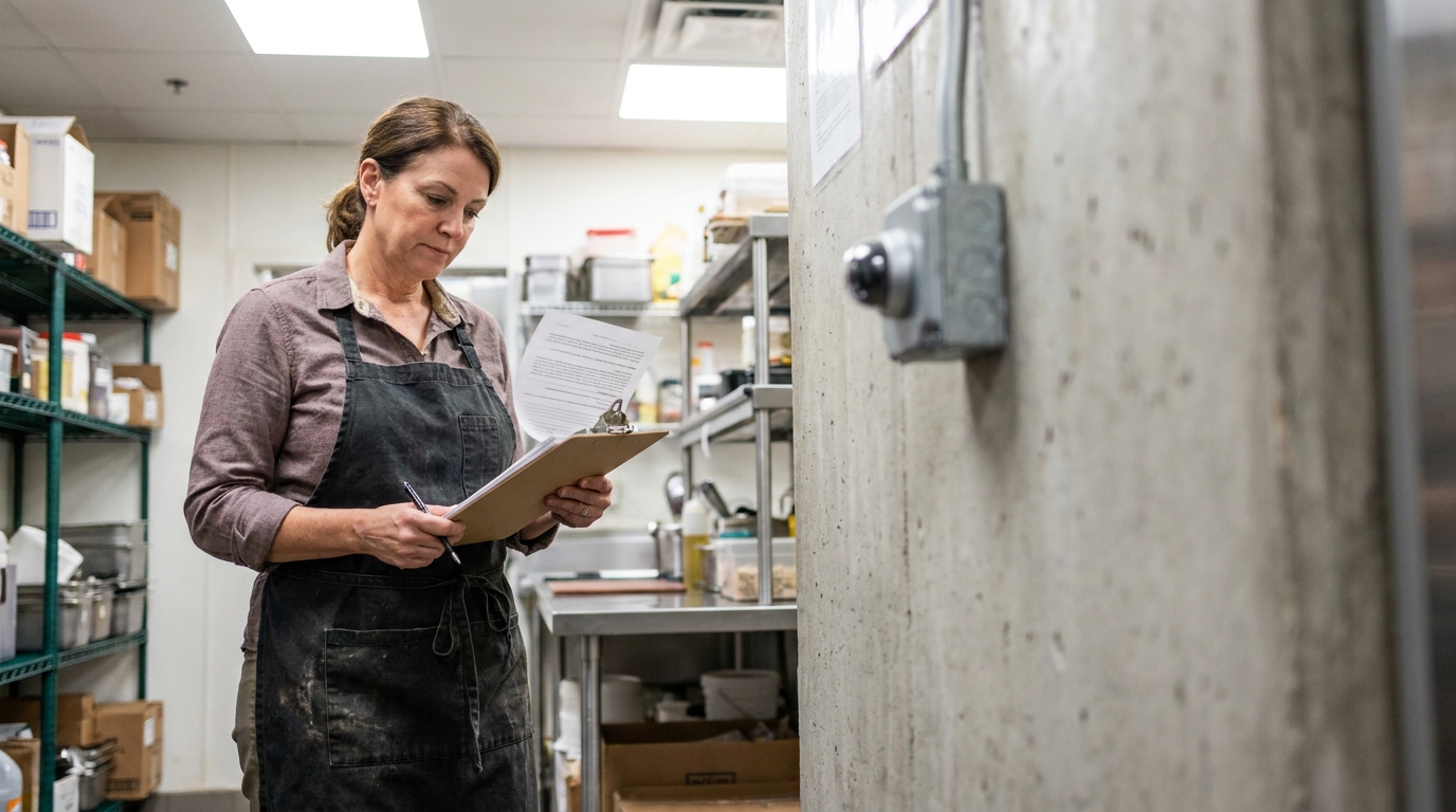 woman in apron reviewing document on clipboard inside commercial kitchen storage area