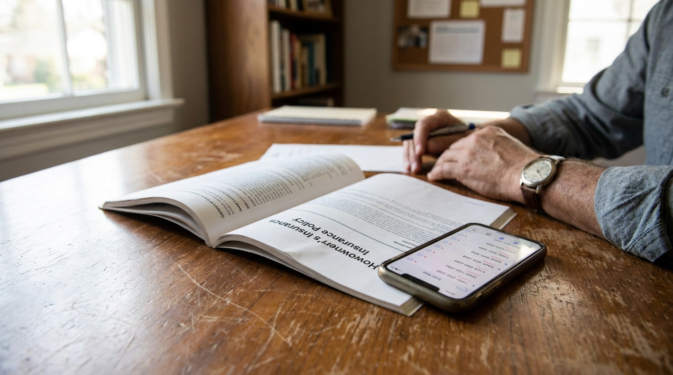 Houston Homeowner Reviewing Delayed Insurance Policy Claim open homeowner's insurance policy document and smartphone on wooden desk