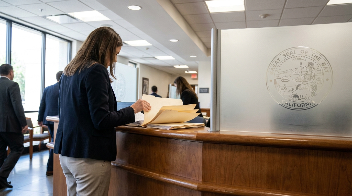 San Bernardino Attorney Reviewing Survival Action Case Files attorney reviewing legal folders at California courthouse clerk counter