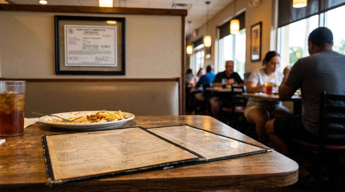 Ft Lauderdale Restaurant Dining Room Duty of Care restaurant dining room with menu, food plate, and framed Food Safety Inspection Certificate on wall