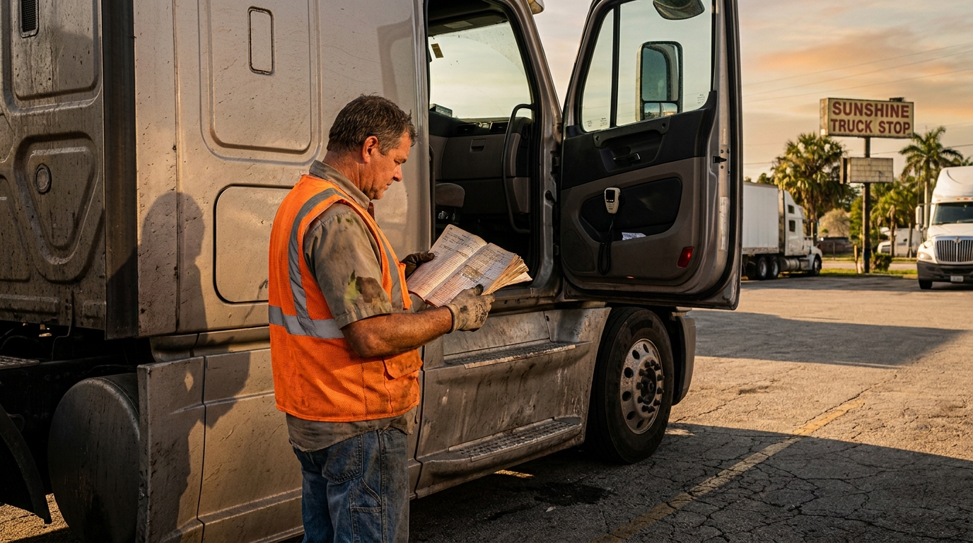 Fort Lauderdale Commercial Truck Driver Reviewing Logbook truck driver in safety vest reviewing logbook outside semi-truck at Sunshine Truck Stop