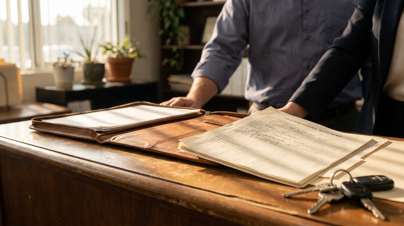 California Personal Injury Attorney Reviewing Case Documents California Personal Injury Intake form on desk beside car keys and leather portfolio